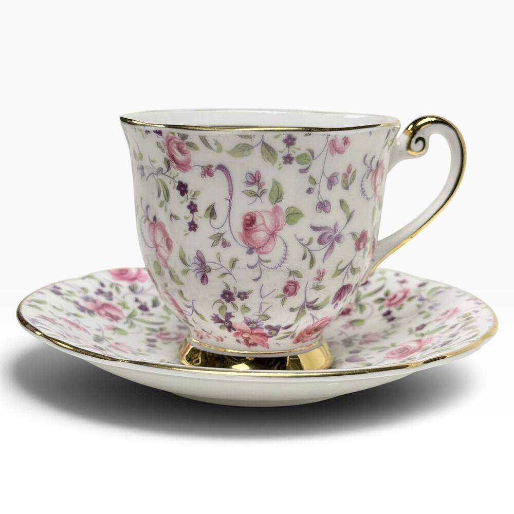 Windsor Rose Elegance Tea Cup Saucer Bone China England Floral 50s Gold Trim